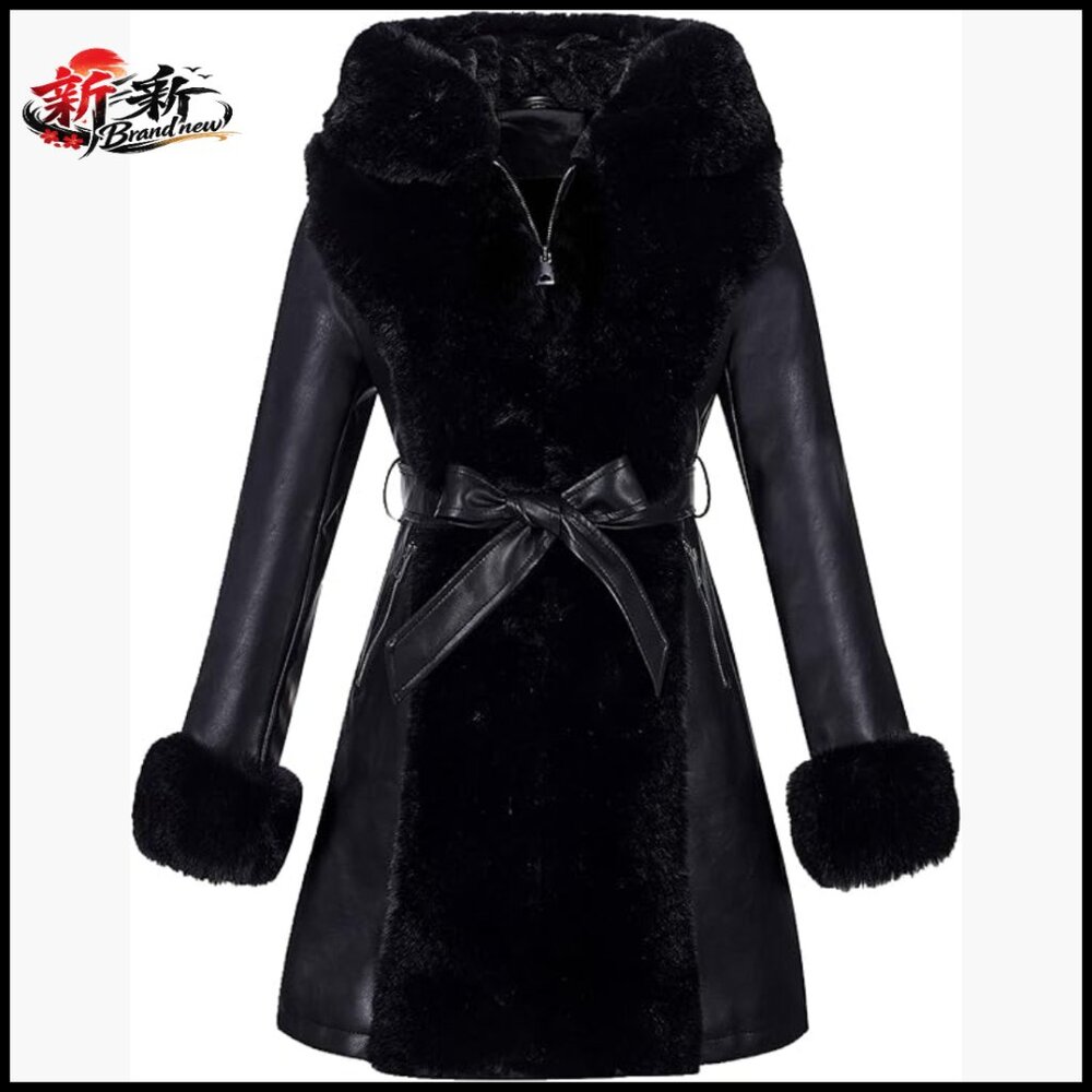 Faux Leather Jacket With Faux Fur Lined Hood And Belted Overcoat